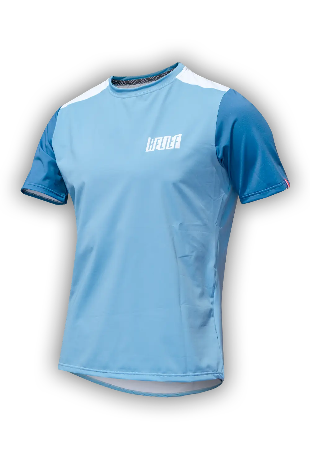 maillot VTT manche courte bleu pastel relief equipements