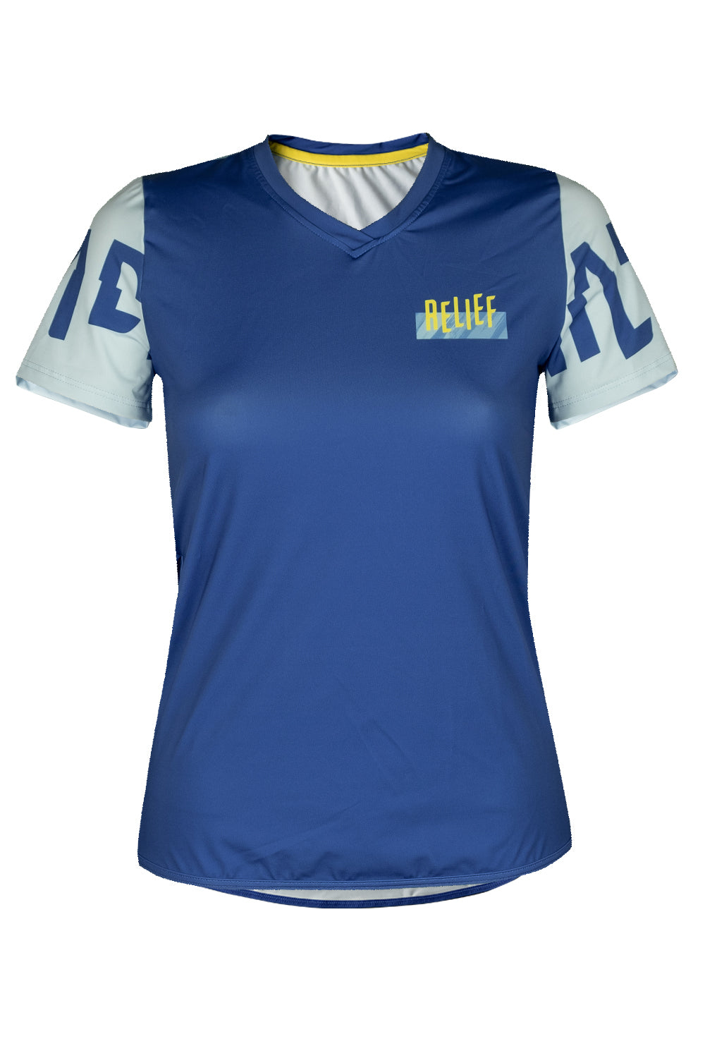 Maillot VTT femme manches courtes bleu jaune dos RELIEF Équipements