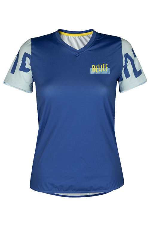 Maillot VTT femme manches courtes bleu jaune dos RELIEF Équipements